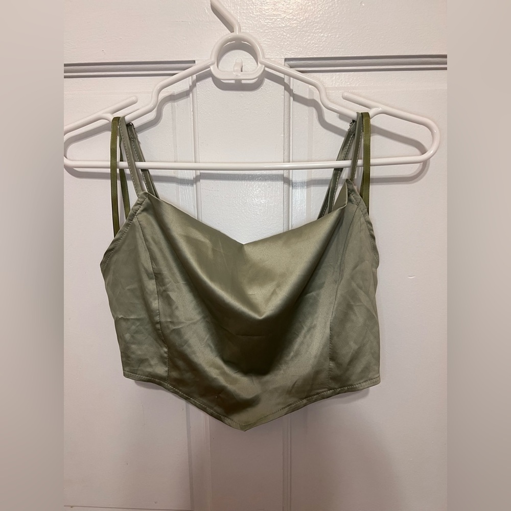 Pretty Little Thing - Sage Satin Cowl Neck Crop Top